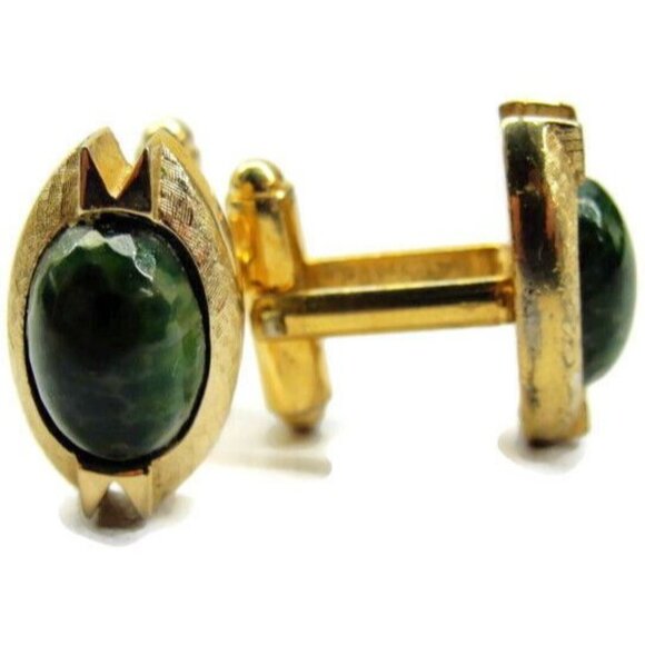 Shields Marbled Green & Gold-Tone Oval Cufflinks Tux Shirt Vintage Wedding - Picture 2 of 11